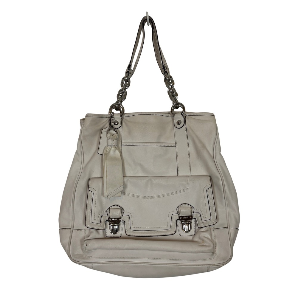 Coach Poppy Leather Pushlock North South Tote White Cream Y2K Vintage Retro